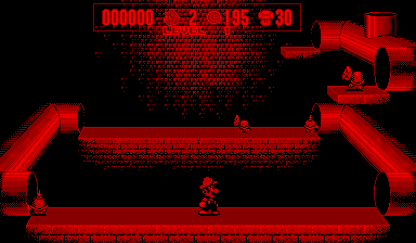 A red and black pixel-art scene depicts a small Mario figure standing on a central platform with curved red pipe structures flanking both sides. Red pixelated objects are scattered across the upper half of the screen against a black background. A score display showing "000000" and other numerical values appears in red text at the top left. The game uses a monochromatic red-on-black color scheme typical of Virtual Boy hardware.