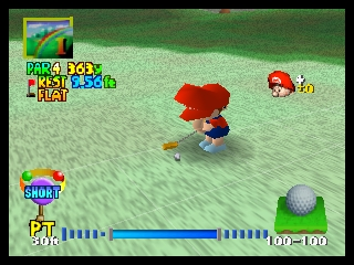 Mario stands in the center of a grass-textured golf course wearing his signature red cap and blue overalls, preparing to putt. A white golf ball sits on the green in the middle-right of the screen. The HUD displays a blue power meter at the bottom labeled "P. METER" with numerical values, character portraits in the lower-left corner showing "PEACH" and other players, and a minimap in the upper-left. The course background shows subtle color gradation from light to darker green, with a flat, polygonal 3D environment typical of N64 graphics.