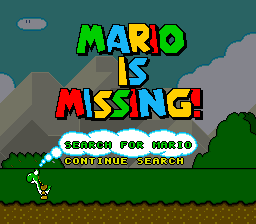 The title screen displays 'MARIO IS MISSING!' in large, colorful block letters against a teal sky with gray clouds and green hills. Below the title, white text reads 'SEARCH FOR MARIO' and 'CONTINUE SEARCH' in a smaller font. Luigi stands on a green grass platform in the lower left, rendered as a small green pixel sprite. The background uses a typical SNES-era color palette with parallax layering of hills and clouds creating depth.