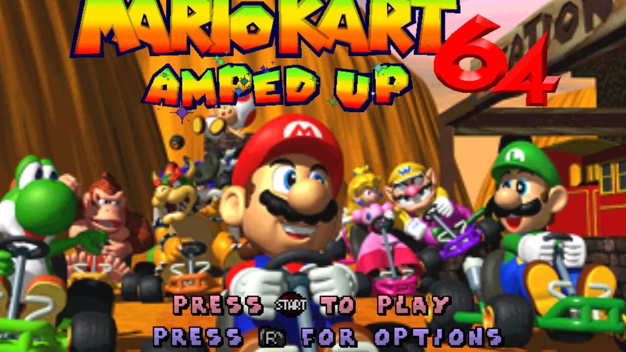 The title screen displays 'Mario Kart 64 Amped Up' in large gradient yellow and orange lettering at the top. Below, Mario stands center-left wearing his red cap and white gloves, with Yoshi to his far left and Luigi to the right in green attire. Various Mario Kart characters and vehicles are visible in the background, including Donkey Kong and Bowser. At the bottom, white text reads 'PRESS START TO PLAY' with 'PRESS R FOR OPTIONS' underneath. The scene shows a wooden structure with red and brown tones, typical of N64-era 3D graphics with chunky polygon models.