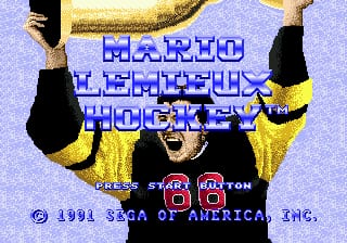 The title screen displays "MARIO LEMIEUX HOCKEY" in large blue pixelated letters against a light purple background. Above the text, a player character in black jersey and yellow gloves holds a hockey stick raised overhead. At the bottom, white text reads "PRESS START BUTTON" with a 1991 SEGA of America Inc. copyright notice. The sprite uses a low-resolution style typical of early 1990s Sega Genesis games.