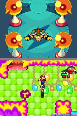 The top screen displays a turquoise circular arena with four flaming torches positioned in corners and a boss character with a crown and spiked appearance centered in the middle. The bottom screen shows a green pixel-grid field with Mario standing in the center, surrounded by blue and purple bubble-like objects, with a purple and pink wavy border framing the level and a game interface indicator visible in the upper right corner.