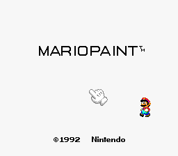 The Mario Paint title screen displays the game's logo in black text at the top center. Below sits a light gray background with a small pixelated paintbrush icon in the center-left area and Mario's sprite positioned to the right, rendered in his signature red cap and overalls. At the bottom, white text reads "©1992 Nintendo". The overall composition is minimal and centered, typical of SNES title screen layouts.