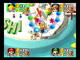 A party-based board game minigame displays multiple Mario characters positioned around a turquoise curved pathway. Colorful orbs and collectibles scatter across the playing field. Character name plates with star counts appear in all four screen corners, each showing different player positions and scores. Green text reading "MINI" is visible on the left side. The art style uses bright primary colors with flat-shaded 3D models typical of N64-era graphics.