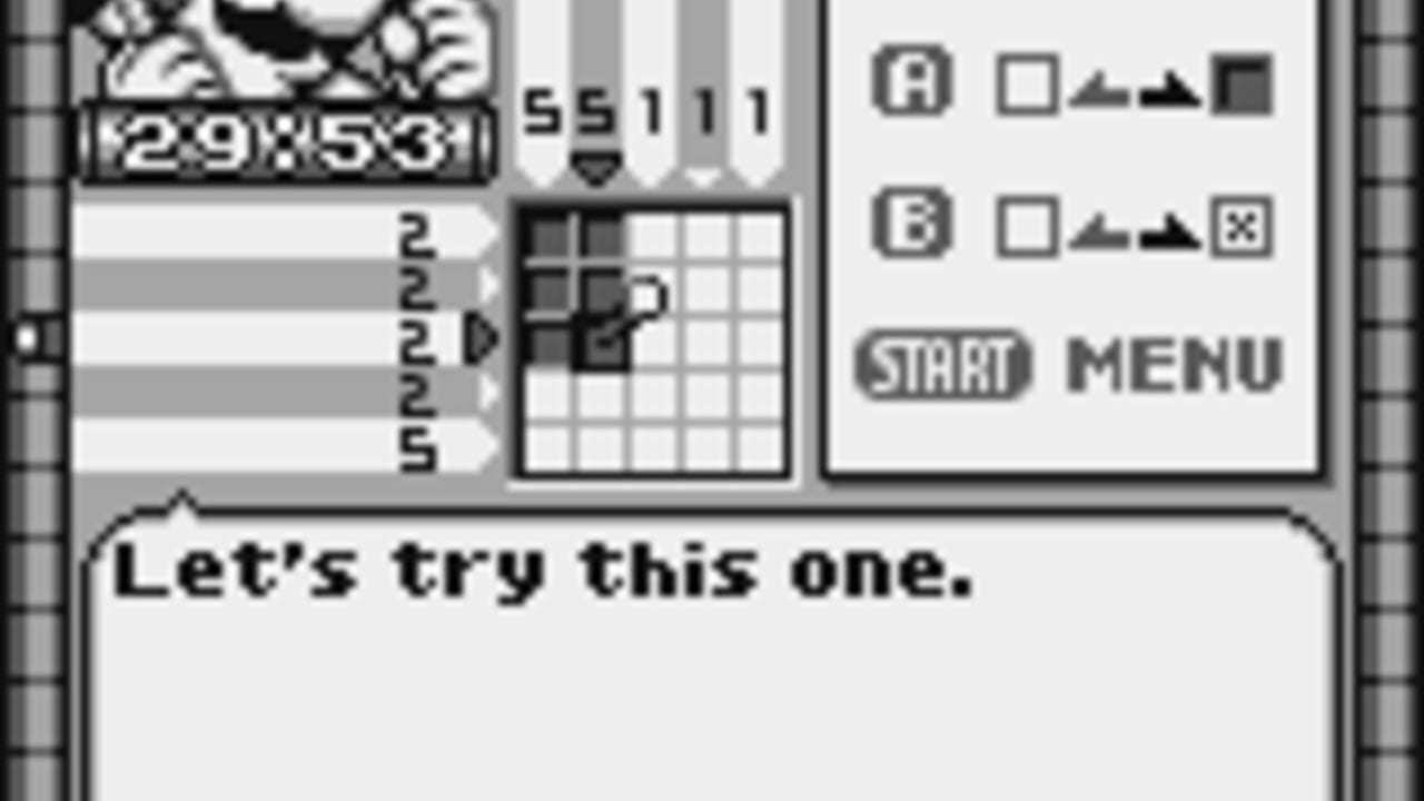 A Game Boy Picross puzzle interface displays a partially filled grid with black and white squares in the center. The left side shows a small preview thumbnail and a level counter reading '29×53'. The right panel contains button controls for A, B, and Start functions mapped to directional inputs and shape icons. Below the puzzle grid, dialogue text reads 'Let's try this one.' The monochromatic display uses the standard Game Boy grayscale palette.