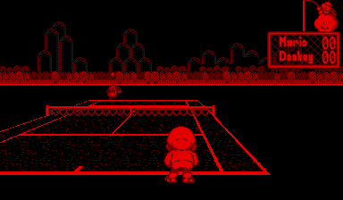 A red and black wireframe tennis court viewed from an isometric perspective dominates the center of the screen. A large red spherical ball sits on the court surface, with a small red Mario character figure positioned nearby. The top of the screen displays a red cityscape skyline silhouette, and the upper right corner shows a small game logo reading 'Mario's Tennis' with a Game Boy Virtual Boy notation. The entire scene uses a limited red monochrome color palette typical of Virtual Boy hardware.