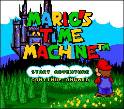 A colorful title screen dominated by large multicolored pixelated letters spelling "MARIO'S TIME MACHINE" in the center. Below the title, white text reads "START ADVENTURE" and "CONTINUE GAME" as menu options. A purple castle with multiple turrets occupies the upper left against a blue sky with white clouds. The ground features green grass with yellow flowers scattered across it. Mario appears as a small sprite figure on the right side of the screen wearing his characteristic red outfit. The background shows purple mountains and a parallax landscape typical of 16-bit SNES graphics.