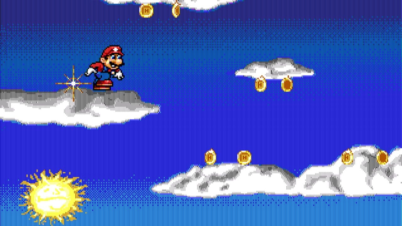Mario stands on a white cloud platform on the left side against a bright blue sky background, with a sparkle effect near his feet. Golden coins float scattered across cloud platforms in the middle and lower right of the screen. A white cloud with golden coin icons hangs in the upper right. The sun appears in the lower left corner. The 16-bit pixel art uses a limited color palette of blue, white, red, yellow, and flesh tones typical of early 1990s DOS graphics.
