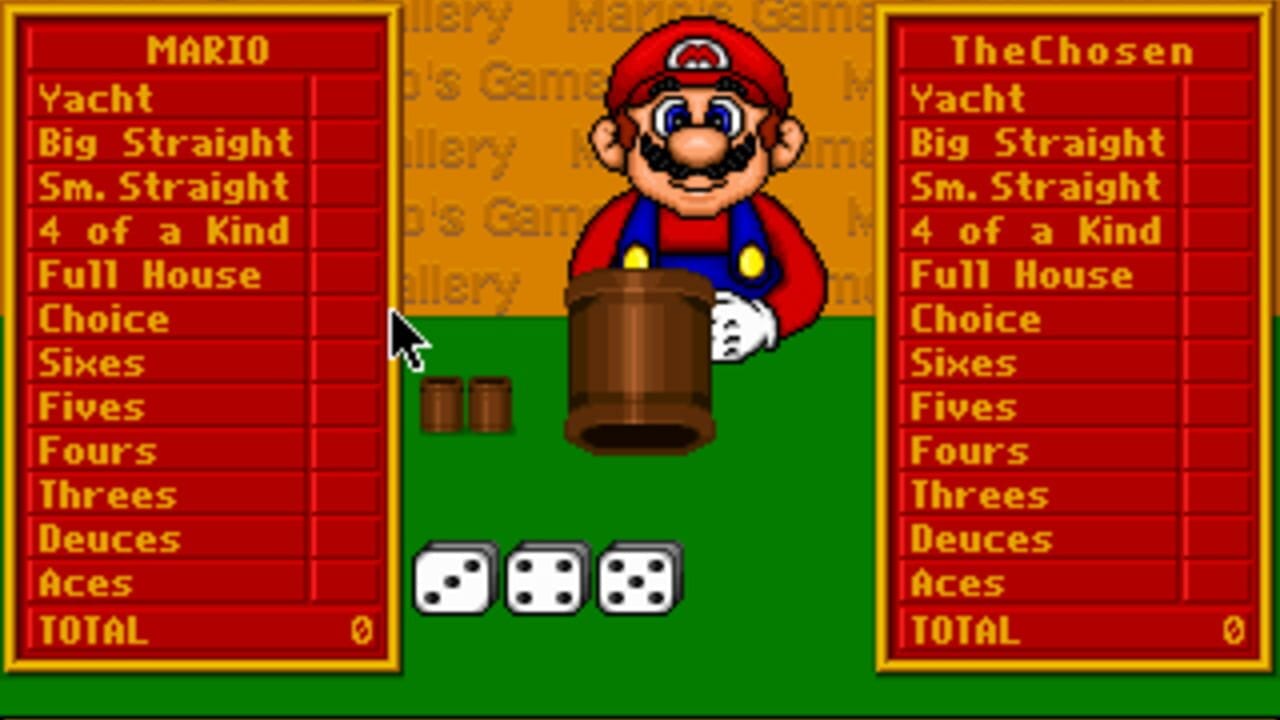 Mario stands at the center wearing his red cap and blue overalls, holding a brown barrel above a green game table. Two red scorecard panels flank him on either side, listing poker hand categories like Yacht, Big Straight, Full House, and Fives, each with a score of 0. Three white dice displaying various pip counts sit at the table's bottom. The background is orange with repeating text watermarks. A cursor pointer is visible in the lower left corner.