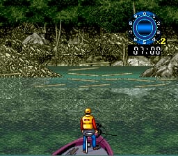 A fisherman in yellow and purple clothing stands on a riverbank holding a fishing rod, facing a wide turquoise river with rocky cliffs and vegetation visible in the background. The top-right corner displays a blue circular timer reading 01:09 and a score or level indicator. The scene uses SNES-era sprite graphics with a natural color palette of greens, browns, and blues across the landscape.