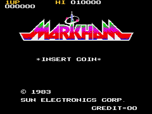 The arcade title screen displays the Markham logo in large red and white pixelated letters at center, with a white crosshair symbol above it. The black background shows a score display reading "HI 010000" in the upper left corner and "CREDIT=00" in the lower right. Below the logo, white text reads "*INSERT COIN*" centered on screen. Copyright information for Sun Electronics Corp from 1983 appears at the bottom in small white text.