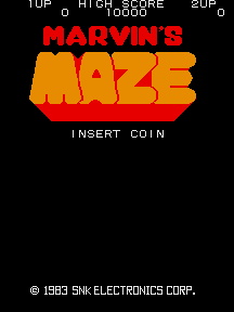 The arcade title screen displays "MARVIN'S MAZE" in large red and yellow gradient letters centered on a black background. A score display at the top shows "HIGH SCORE 10000" and "2UP 0" in white text. Below the title, white text reads "INSERT COIN". At the bottom, copyright information states "© 1983 SNK-ELECTRONICS CORP." The overall layout uses a simple black background with bright primary colors for text and logo elements typical of early 1980s arcade presentation.