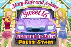 The title screen displays a purple convertible car centered in the frame, flanked by two blonde female characters in pink and blue outfits on either side. Above the vehicle, "Mary-Kate and Ashley" and "Sweet 16" text appear in stylized purple lettering against a yellow-green gradient background with decorative floral elements in the top corners. Below the car, white text reads "Licensed to Drive" with "Press START" displayed at the bottom in yellow letters. The overall art style uses bright colors typical of Game Boy Advance sprite graphics.