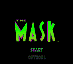 The title screen displays "THE MASK" in large bright green letters with a yellow/gold outline against a black background. A trademark symbol appears to the right of the title. Below the logo, the word "START" is centered in green text, with "OPTIONS" displayed underneath in a darker green shade. The overall layout is vertically centered with simple typography and minimal graphical elements beyond the title treatment.