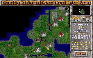 A top-down fantasy map dominates the center, displaying green landmasses with blue water channels, scattered settlements marked by white buildings, and red enemy indicators. The left side shows terrain features including forests and coastal edges. A right-side panel contains game UI with portrait windows, unit status information, and red text indicating resource or movement constraints. The top menu bar displays tabs for Game, Spells, Planes, Armies, Magic, Info, and Home in a brown header. Small medieval-style sprites represent cities and military units across the landscape in 256-color VGA graphics.