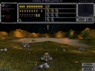 A space battle interface displays a tactical combat view with multiple spacecraft positioned across a terrain map featuring brown rocky outcrops and green grass. The top panel shows a horizontal unit roster with ship icons and resource indicators rendered in yellow and brown. The bottom right corner displays a minimap in dark tones. Several small white units are scattered across the main battlefield, with what appears to be a player-controlled vessel in the center-lower area. The UI uses the characteristic DOS-era gold and dark color scheme typical of mid-1990s strategy games.