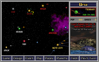 A space strategy interface displays a star map with named systems including Ursa, Achernar, Jinca, and Betelgeuse scattered across a black background with pink nebulae. The right panel shows the Ternan race profile with a brown rocky planet image and gameplay statistics. Bottom menu tabs include Status, Design, Fleet, Diplomacy, Races, Planets, Tech, and Next Turn. Yellow dots mark star locations while red indicators highlight celestial coordinates on the map.