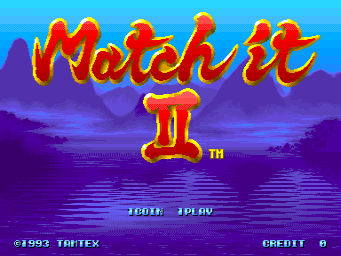 The title screen displays "Match it II" in large red and orange flame-styled lettering centered above a stylized numeral 1 symbol. The background features a purple gradient landscape with horizontal scan lines suggesting a water reflection effect, set against a bright cyan sky. At the bottom, white text reads "1988 4PLAY" on the left, "1993 TAMTEX" on the lower left, and "CREDIT 0" on the lower right. The overall color palette emphasizes warm reds and oranges contrasting with cool purples and blues.