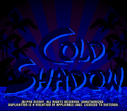 The title screen features large blue neon-style lettering spelling "COLD SHADOW" against a dark background with silhouetted tropical foliage. Below the title text, a line of small white text provides developer credits. The logo uses a glowing blue outline effect typical of 16-bit SNES graphics. Dark shadows of palm fronds and jungle vegetation frame the upper corners, creating depth behind the centered title treatment.