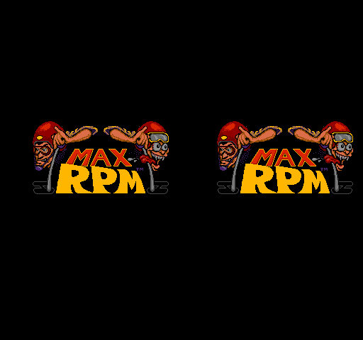 Two identical Max RPM logos appear side by side against a black background. Each logo features the words 'MAX' in red and 'RPM' in yellow with a bold, angular art style. Above the text are cartoon-style faces of two characters wearing red caps and goggles, positioned on either side of the logo. The artwork uses bright colors—red, orange, and yellow—typical of 1980s arcade game graphics with a pixelated, hand-drawn quality.