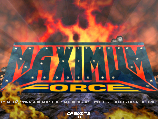 The title screen displays the "MAXIMUM FORCE" logo in large metallic letters with a yellow and orange gradient, positioned centrally over an explosive background of flames and smoke in reds and oranges. Below the logo appears the word "ORCE" in yellow text. At the bottom, copyright and developer information for Atari Games is visible in small white text. The overall composition uses a dark background with dramatic fire effects filling the upper portion of the screen.