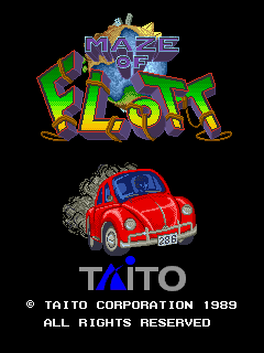 The Maze of Flott title screen displays a large purple stylized logo at the top with colorful geometric shapes. Below it sits a red car sprite rendered in low-resolution pixels, shown in three-quarter view with visible engine details. At the bottom, white text reads 'TAITO' with a copyright notice for 1989 and 'ALL RIGHTS RESERVED' in a standard arcade font. The background is solid black, typical of arcade title screens from this era.