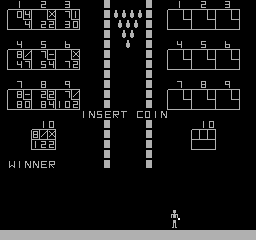 The title screen displays two-player bowling lanes side-by-side separated by a vertical dotted line. Each lane shows a white-lined bowling alley with pins arranged in a triangle formation at the far end and a small player figure at the bottom. Score displays labeled "PLAYER 1" and "PLAYER 2" appear in the upper corners with numerical readouts. Text reading "INSERT COIN" and a coin graphic occupy the center, with "WINNER" text and "Hi LES" visible on the left side. The entire image uses white vector-style graphics on a black background.