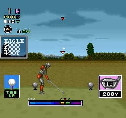 A robot golfer in red and blue stands on a grass fairway, holding a golf club with the ball visible below. The sky is blue with white clouds, trees line the horizon, and a small red flag marks the target area in the distance. The HUD displays a score of 5000 in the upper left, a par indicator on the left side, and a 200-yard distance counter in the lower right. A blue power meter spans the bottom center of the screen. Two circular UI elements flank the power meter, with a bird icon on the left and a robot icon on the right.