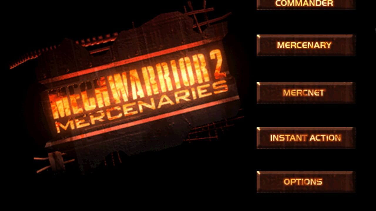 A glowing orange neon sign displays 'MechWarrior 2 Mercenaries' against a dark background with industrial framework visible behind it. On the right side of the screen, five menu buttons are arranged vertically in brown frames with orange text: Commander, Mercenary, MercNet, Instant Action, and Options. The neon sign effect uses warm orange and yellow lighting that reflects off the metallic structure supporting it.