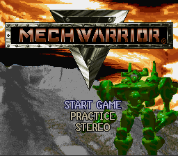 The MechWarrior title screen displays the game logo in a metallic silver banner across the top, with an orange and yellow explosive background. Below the banner, a green mech unit stands in the center-right of the image against a rocky, gray landscape. Three menu options appear in white text on the left side: START GAME, PRACTICE, and SETUP. The overall visual style features 16-bit era pixel art with a dark, military aesthetic dominated by warm explosion colors contrasting against cooler greens and grays.