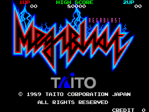 The title screen displays the word "MEGABLAST" in large blue and red zigzag lettering across the center. Above it, a score display shows "HI-SCORE 50000" and "2UP 00" in green and white text. Below the title, "TAITO" appears in gray text, followed by a copyright notice reading "© 1959 TAITO CORPORATION JAPAN ALL RIGHTS RESERVED" and "CREDIT 00" in small white font. The background is solid black, and the entire design uses a neon-like color scheme typical of 1980s arcade games.