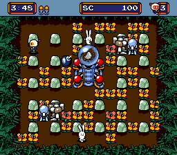 A top-down maze level populated with dozens of small beige rounded structures arranged in rows across a brown floor, bordered by teal brick walls. A blue robot character with a round body stands near center. The HUD displays a score of 45 in the upper-left corner, a health or power bar showing 100 in the upper-center, and a character portrait in the upper-right. Yellow flames and explosions appear scattered throughout the playfield. The sprite style uses low-resolution pixels typical of Sega Genesis graphics from the early 1990s.