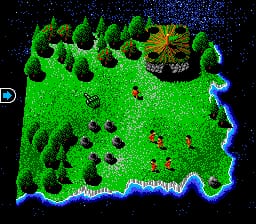 A top-down isometric view of a vibrant green island terrain bordered by blue water waves. The landscape features numerous bright green trees scattered across rolling hills, with brown rocky outcrops and darker terrain patches visible throughout. A small yellow structure sits in the upper center. UI elements appear in the lower left corner, including what appears to be a player icon and status indicator. The overall color palette is dominated by lime green grass against a black starry sky background, characteristic of SNES-era 16-bit sprite graphics.