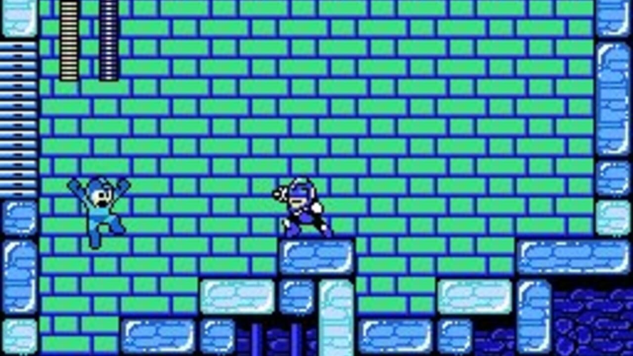 Two small blue sprite characters stand on a green brick platform divided by dark blue mortar lines. The left character holds a weapon with an extended arm, while the right character appears to be an enemy in a similar pose. Below them are light blue ice or frozen block platforms scattered across darker blue sections. The background shows a repeating pattern of bright green rectangular tiles arranged in horizontal rows, creating a maze-like structure typical of NES-era pixel art. The color scheme uses bright greens, dark blues, and cyan accents throughout the level layout.
