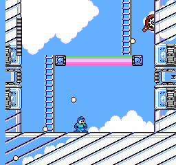 Mega Man stands on a striped floor platform in the center-lower portion of a vertically scrolling stage. Blue sky fills the background with white clouds. Vertical ladder shafts with rectangular rungs are visible on both left and right edges. A horizontal pink energy bar spans the upper-middle screen. A small red robot enemy appears in the upper-right corner. The 8-bit pixel art uses a bright color palette dominated by blue, white, and metallic grays typical of NES-era graphics.