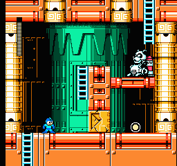 Mega Man stands on a platform in the lower right of a vertical shaft lined with orange and blue brick walls. A large green face with cyan features dominates the upper center, appearing to be a boss or environmental hazard. Orange and blue mechanical structures frame the scene, with small platform segments visible throughout the narrow corridor. The 8-bit sprite graphics use a bright palette of orange, green, cyan, and brown tones typical of NES-era platformers.