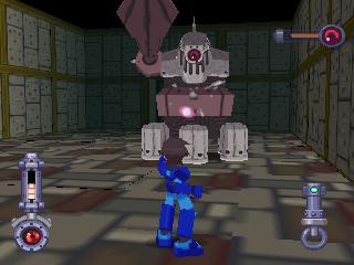 Mega Man stands in the center of a checkered floor room facing a large pink and white robot boss with a rounded head and prominent chest panel. The environment shows tiled walls with rectangular window panels. The game's HUD appears in the lower left and right corners with weapon/item icons. A blue circular radar or targeting reticle is visible in the upper right. The 3D graphics display the characteristic low-polygon aesthetic of early N64 games with flat-shaded surfaces and simple geometric shapes.