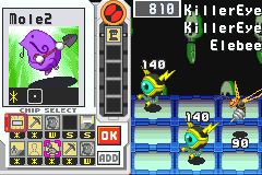 The screen displays a split battle interface from a Game Boy Advance game. On the left, a purple flower sprite is shown in a small preview window labeled 'Mole2'. The center and right portions show an active combat arena with yellow and blue character sprites positioned on a grid-based battlefield. Status information appears at the top, including 'KillerEye' and numerical values like '140' and '340'. A control panel at the bottom contains multiple small icon buttons arranged in rows, featuring various attack and ability options. The overall pixel art uses a typical GBA color palette of blues, yellows, greens, and blacks against a dark background.