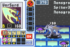 A split-screen battle interface displays two NetNavis facing each other on a 3x3 grid battlefield. The left side shows a blue Navi with HP and chip selection panels below, featuring multiple selectable attacks and a numbered interface. The right side depicts an opponent Navi engaged in combat. Both sides show HP values (370 and 190 visible), colored icons representing different chip types, and a blue toolbar at the bottom with navigation buttons. The art style uses bright 8-bit pixel graphics against a dark grid background typical of GBA-era tactical RPGs.