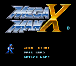 The Mega Man X title screen displays the game's logo in large blue and yellow metallic lettering at the top center. Below it stands a small blue sprite of Mega Man X in a standing pose on the left side. Three menu options appear in cyan text on the right: "GAME START", "PASS WORD", and "OPTION MODE". The background is black, typical of SNES-era title screens. A registered trademark symbol appears in the upper right corner.