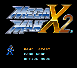 The Mega Man X2 title screen displays the game's logo in blue and gold lettering at the top center. Below, Mega Man X stands in blue armor on the left side against a black background. Three menu options appear in cyan text on the right: "GAME START", "PASS WORD", and "OPTION MODE". The overall design uses the characteristic 16-bit sprite style of early 1990s SNES titles with a simple, clean layout.