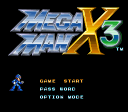 The title screen displays the Mega Man X3 logo in large blue and yellow stylized text at the top center. Below the logo, Mega Man X stands in blue armor on the left side, rendered as a small pixelated sprite. To the right, a vertical menu in cyan text lists three options: GAME START, PASS WORD, and OPTION MODE. The background is black, typical of SNES-era presentation.
