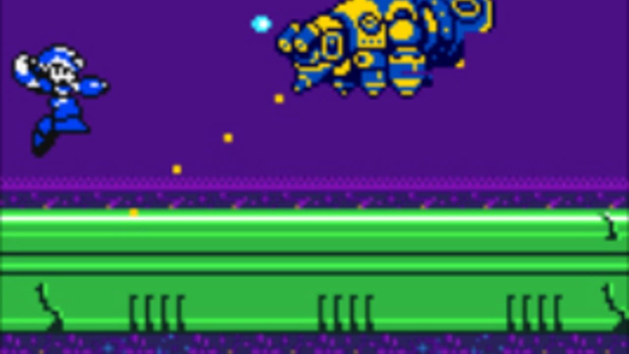 A blue pixel-art character in a action pose stands on the left side of the screen against a purple background. A large yellow and blue mechanical enemy with segmented body parts hovers in the upper center. Yellow projectiles fall vertically through the space between them. Bright green horizontal platforms with black vertical details form the lower section of the screen, separated from the purple area above by a thin dotted line. The color palette consists primarily of purple, green, yellow, and blue against a dark backdrop.