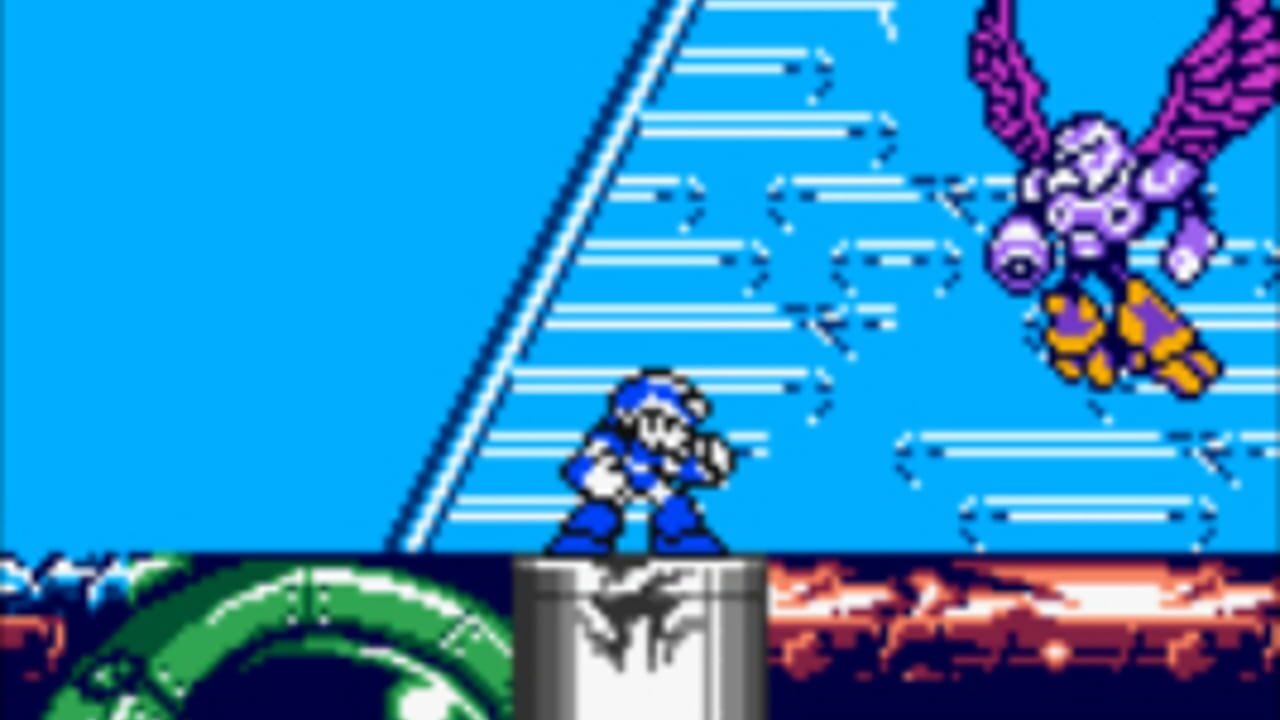 A blue industrial stage displays horizontal platform lines with a small blue-armored robot character in the lower left. A large winged purple and white boss creature hovers in the upper right, with yellow and purple coloring on its lower body. The background shows a bright blue sky with angled metal framework. A split-screen panel at the bottom reveals green circular patterns on the left and orange flame effects on the right, with a central grey rectangular element separating the sections.