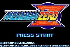The Mega Man Zero title logo dominates the center in large blue and red lettering with a stylized X design. Below sits cyan text reading "PRESS START" against a black background. Copyright text for Capcom and Inti Creates appears at the bottom in small white pixels, dated 2002. The overall presentation uses a dark background with vibrant primary colors typical of Game Boy Advance sprite-based graphics.