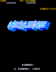The Mega Zone title screen displays a large blue geometric logo with white outline lettering at center. Score information appears in the top-left showing 10000 points and 16000 high score. The text "CRED I T00" is visible in yellow in the upper-right corner. At the bottom, copyright information reads "© KONAMI 1983" in white text against the black background. The overall display uses a minimal arcade aesthetic with blue, white, and yellow colors on black.