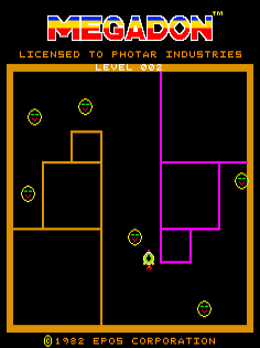 The Megadon title screen displays the yellow-and-red logo at the top, followed by licensing text stating 'Licensed to Tiger Hose Industries' and 'Level 01'. The main gameplay area shows a black background with orange and magenta rectangular maze walls forming abstract corridors. Four yellow circular targets appear at cardinal positions: upper-left, upper-right, center, and lower-right. A small yellow character sprite sits near the bottom-center. Copyright text reading '© 1982 EPOS CORPORATION' appears at the bottom in yellow lettering.