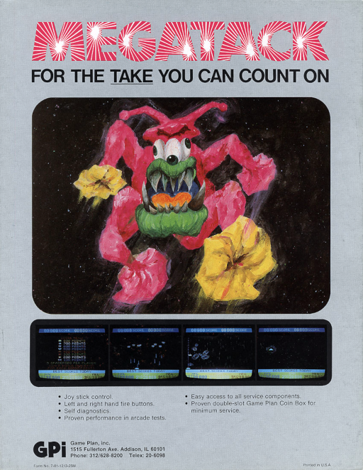 A large pink monster with a gaping orange mouth and green eyes dominates the center of a black starfield, with yellow flower-like shapes flanking its sides. Below the creature, four horizontal gameplay panels display in-game screenshots showing various arcade scenes with blue and cyan UI elements. At the top, the title 'DELTATACK' appears in large pink radiating letters above black text reading 'FOR THE TAKE YOU CAN COUNT ON'. Small text at the bottom lists button controls and diagnostic information for the arcade cabinet.