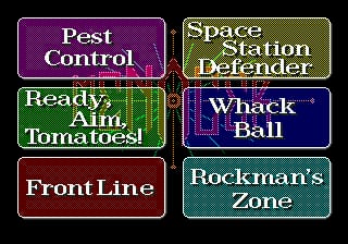 A menu screen displays six game title options arranged in a 2x3 grid against a black background. Each option appears as a rounded rectangle button with distinct color schemes: 'Pest Control' in purple, 'Space Station Defender' in olive-yellow, 'Ready, Aim, Tomatoes!' in green, 'Whack Ball' in dark blue, 'Front Line' in brown-red, and 'Rockman's Zone' in teal. White text labels each game title. Small crosshair or targeting cursor symbols appear between the buttons, consistent with the light gun gameplay format of the Menacer cartridge.