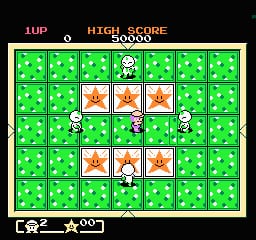A top-down puzzle game board displays a 7x6 grid of green tiles with a white border. Three female player characters with pink/red hair occupy spaces in the middle rows. Orange flower-shaped tiles cluster in the center of the board. The UI shows "1UP" and "HIGH SCORE" at the top left, with a numerical score display. The bottom of the screen contains a black bar with "< ☆" symbols and additional score information. All sprites use 8-bit pixel art with bright primary colors against the predominantly green playfield.
